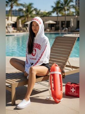 An Official Licensed LIFEGUARD brand Cropped Hoodie in white & red Lettering